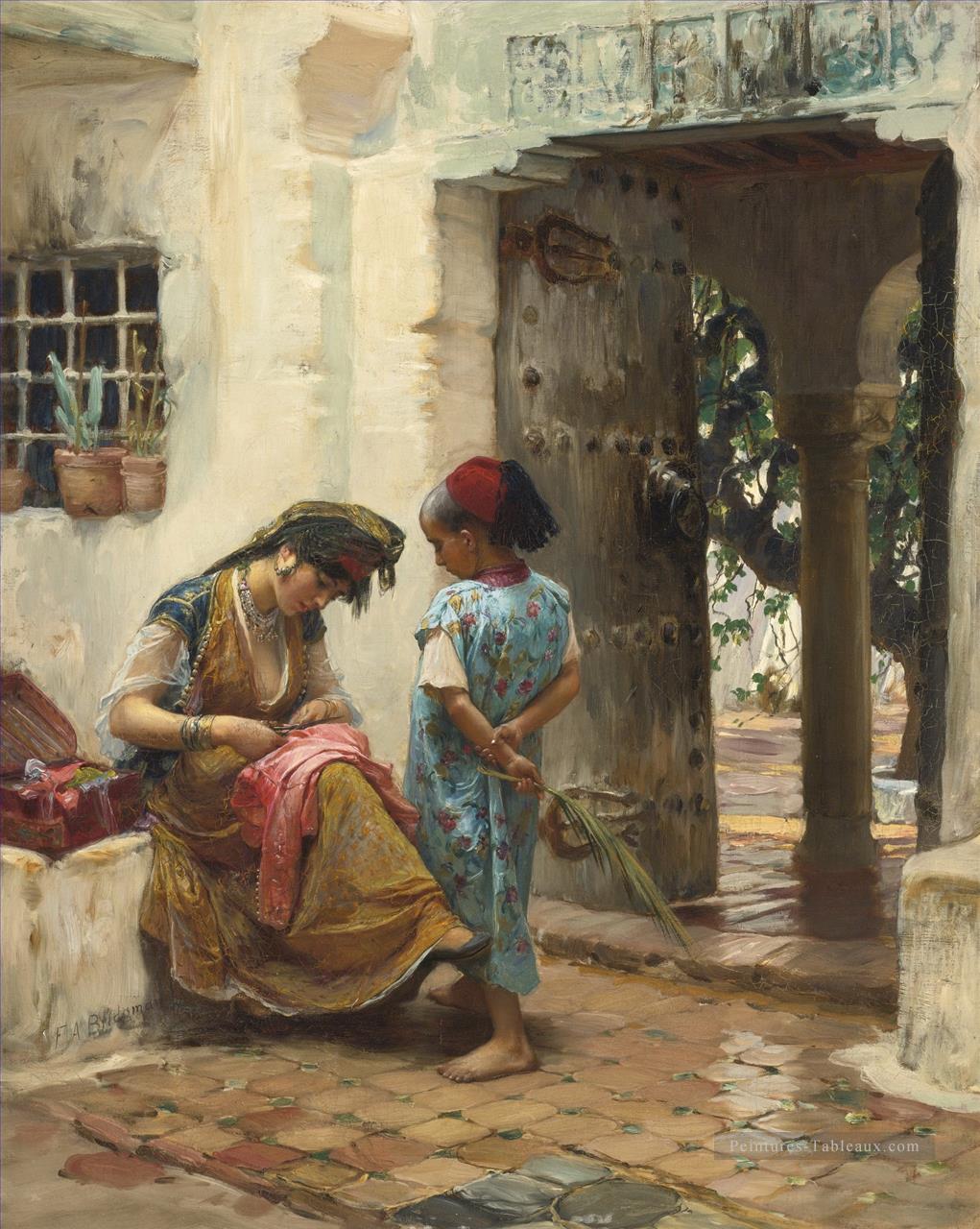 LA LEÇON DE COUTURE Frederick Arthur Bridgman Arabe Peintures à l'huile